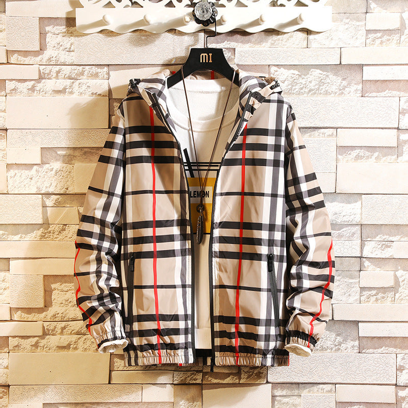 Men Plaid Hooded Jacket Spring Autumn Premium Slim Fit