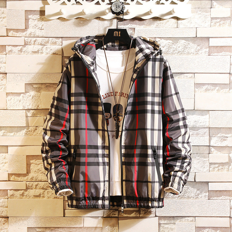 Men Plaid Hooded Jacket Spring Autumn Premium Slim Fit
