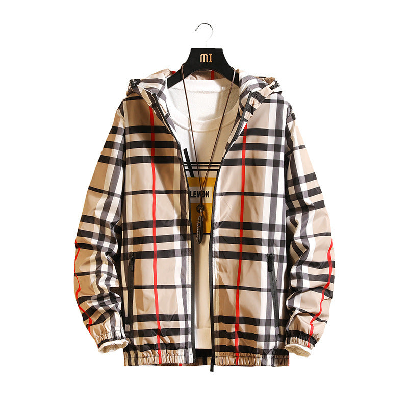 Men Plaid Hooded Jacket Spring Autumn Premium Slim Fit