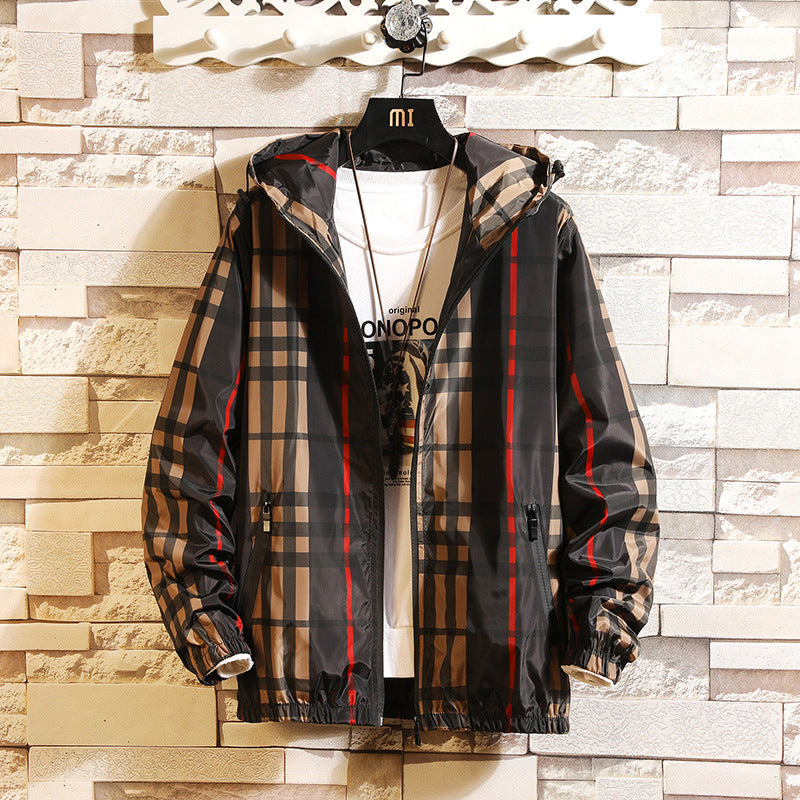 Men Plaid Hooded Jacket Spring Autumn Premium Slim Fit