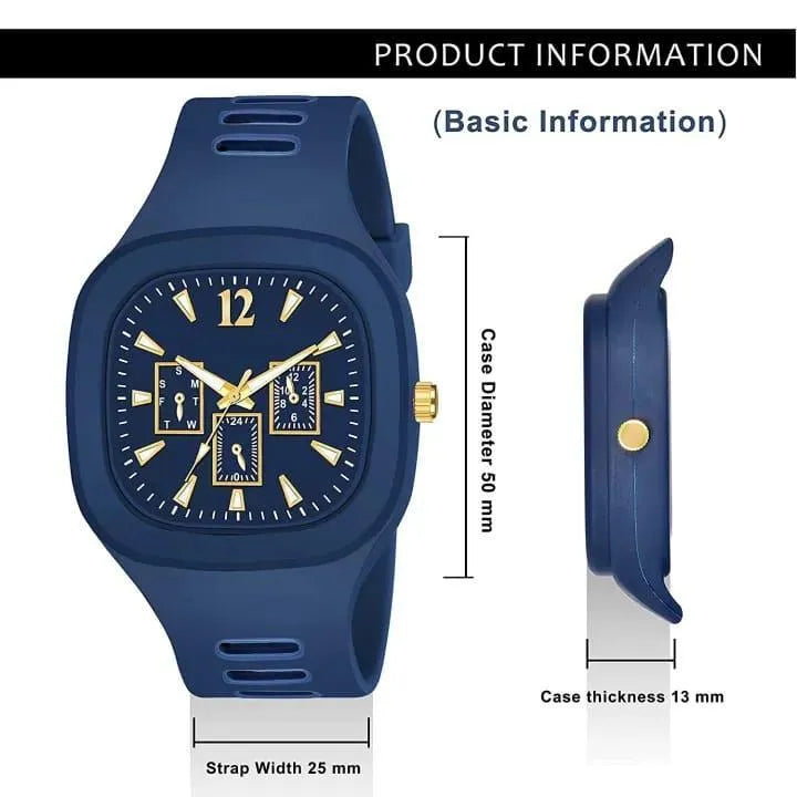 Blue Analog Watch with Gold Accents for Men