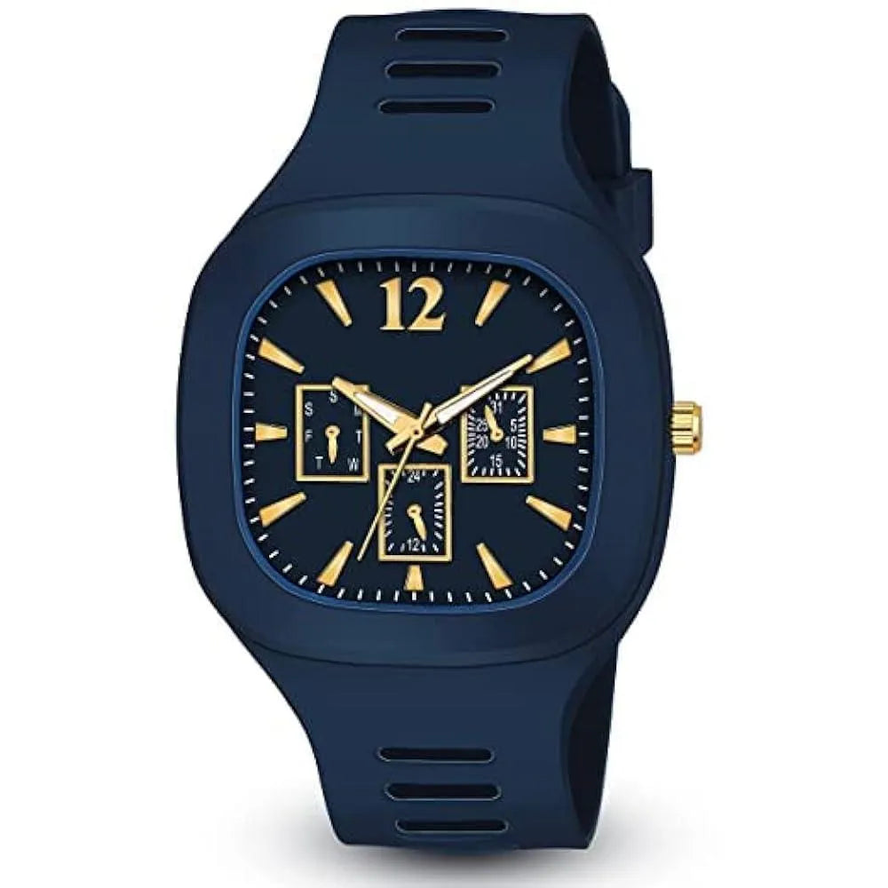 Blue Analog Watch with Gold Accents for Men