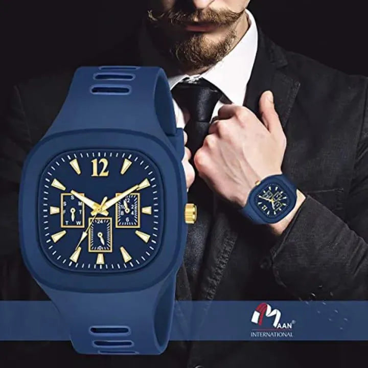 Blue Analog Watch with Gold Accents for Men
