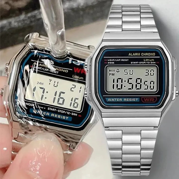 Stainless Steel Digital Watch for Men Silver Water Resistant