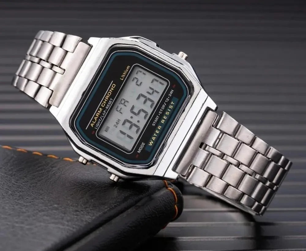 Stainless Steel Digital Watch for Men Silver Water Resistant