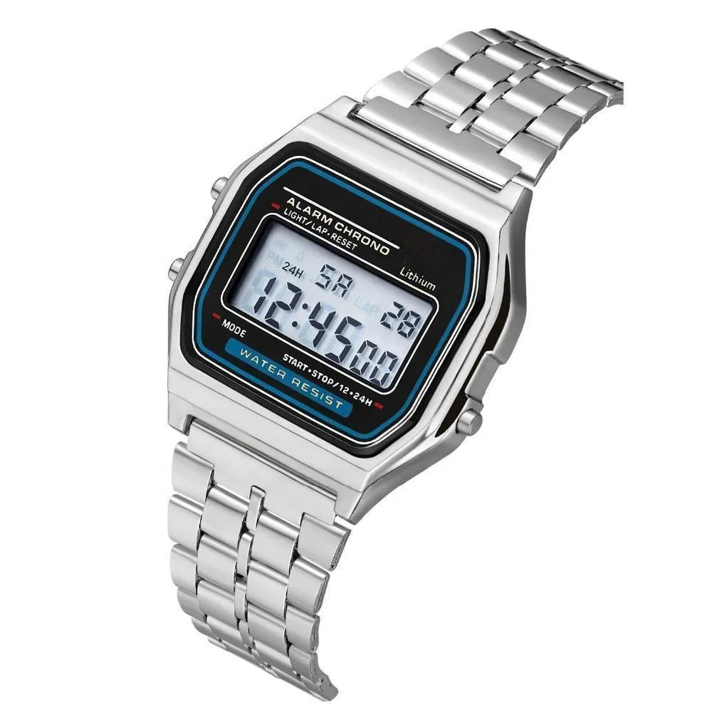 Stainless Steel Digital Watch for Men Silver Water Resistant