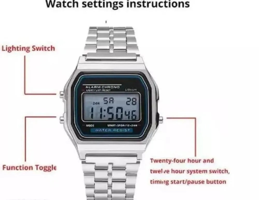 Stainless Steel Digital Watch for Men Silver Water Resistant