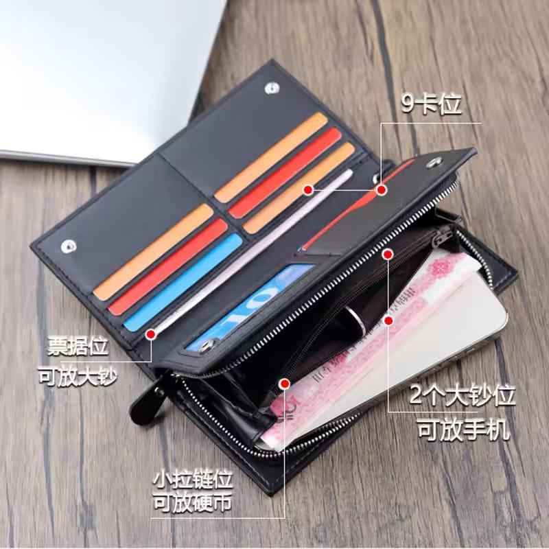 Black Leather Wallet for Men with Zipper Closure