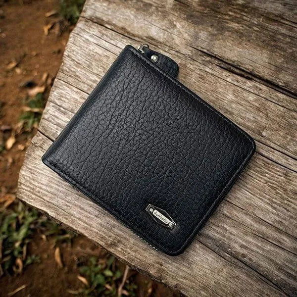 Black Leather Wallet for Men with Zipper Closure