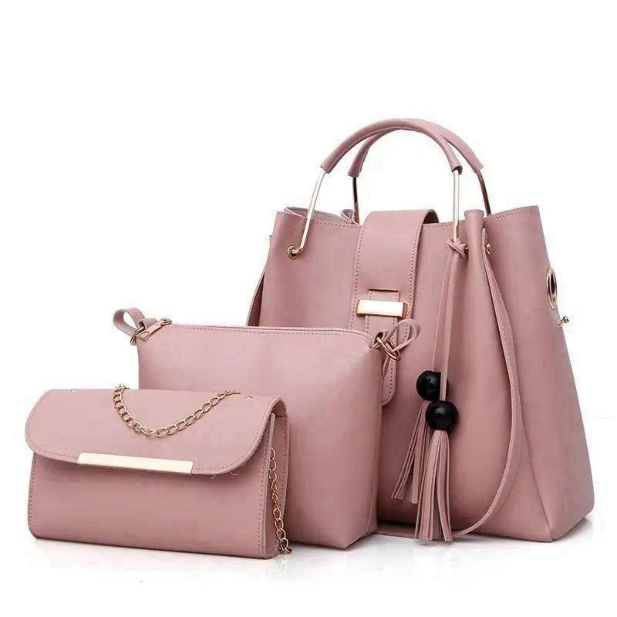 Pink 3-Piece Rexine Handbag Set for Women