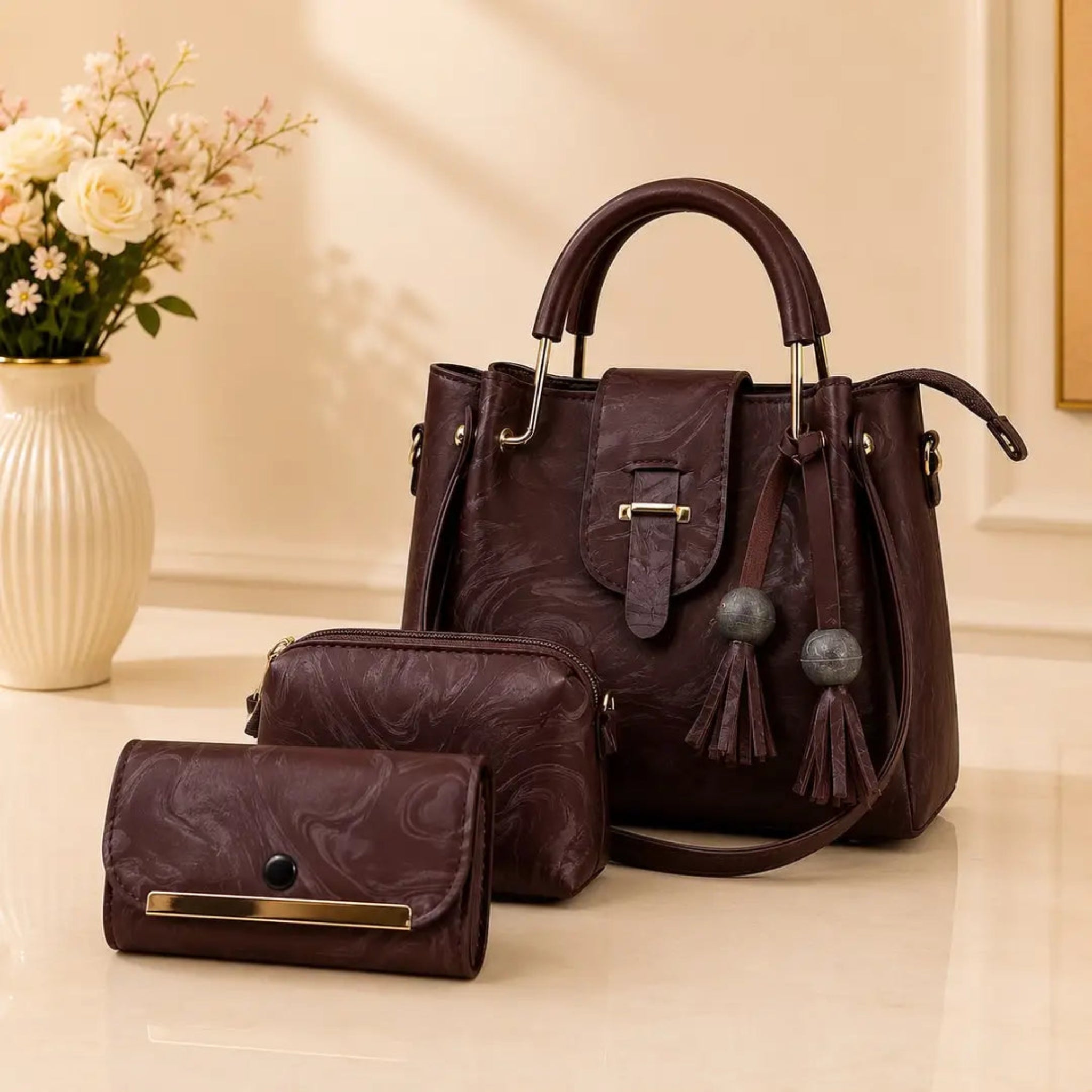 Women's Leather Plain Hand Bag Set