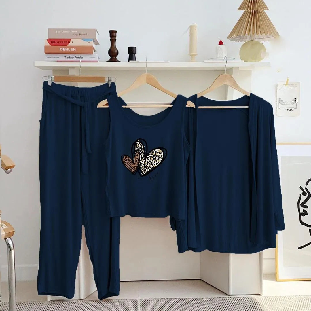 Blue Printed Heart Night Suit Set for Women