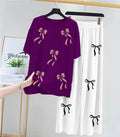 Bow Printed Night Suit for Girls Women Purple White