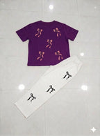 Bow Printed Night Suit for Girls Women Purple White