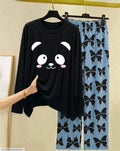 Women Black Cat Print Night Suit with Butterfly Pants