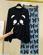 Women Black Cat Print Night Suit with Butterfly Pants