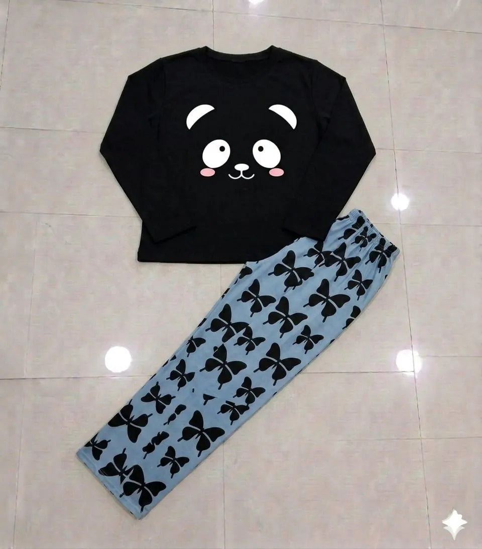 Women Black Cat Print Night Suit with Butterfly Pants