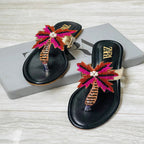 ZARA Embellished Flats for Women – Beaded Palm Leaf Toe Ring Sandals | Stylish Slip-On Casual Summer Flats | Ladies Fashion Sandals with Brand Box