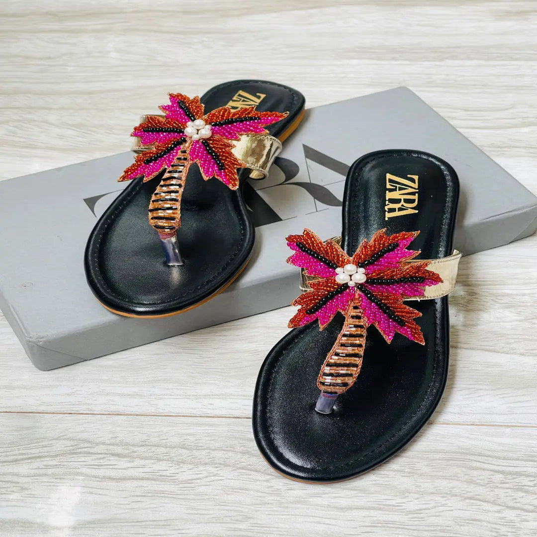ZARA Embellished Flats for Women – Beaded Palm Leaf Toe Ring Sandals | Stylish Slip-On Casual Summer Flats | Ladies Fashion Sandals with Brand Box