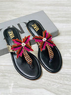 ZARA Embellished Flats for Women – Beaded Palm Leaf Toe Ring Sandals | Stylish Slip-On Casual Summer Flats | Ladies Fashion Sandals with Brand Box