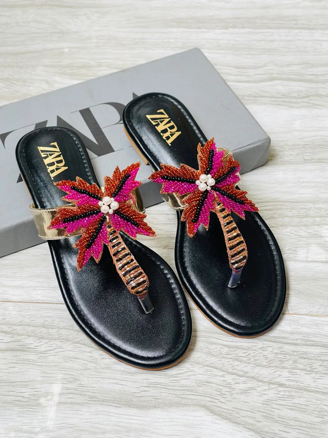 ZARA Embellished Flats for Women – Beaded Palm Leaf Toe Ring Sandals | Stylish Slip-On Casual Summer Flats | Ladies Fashion Sandals with Brand Box