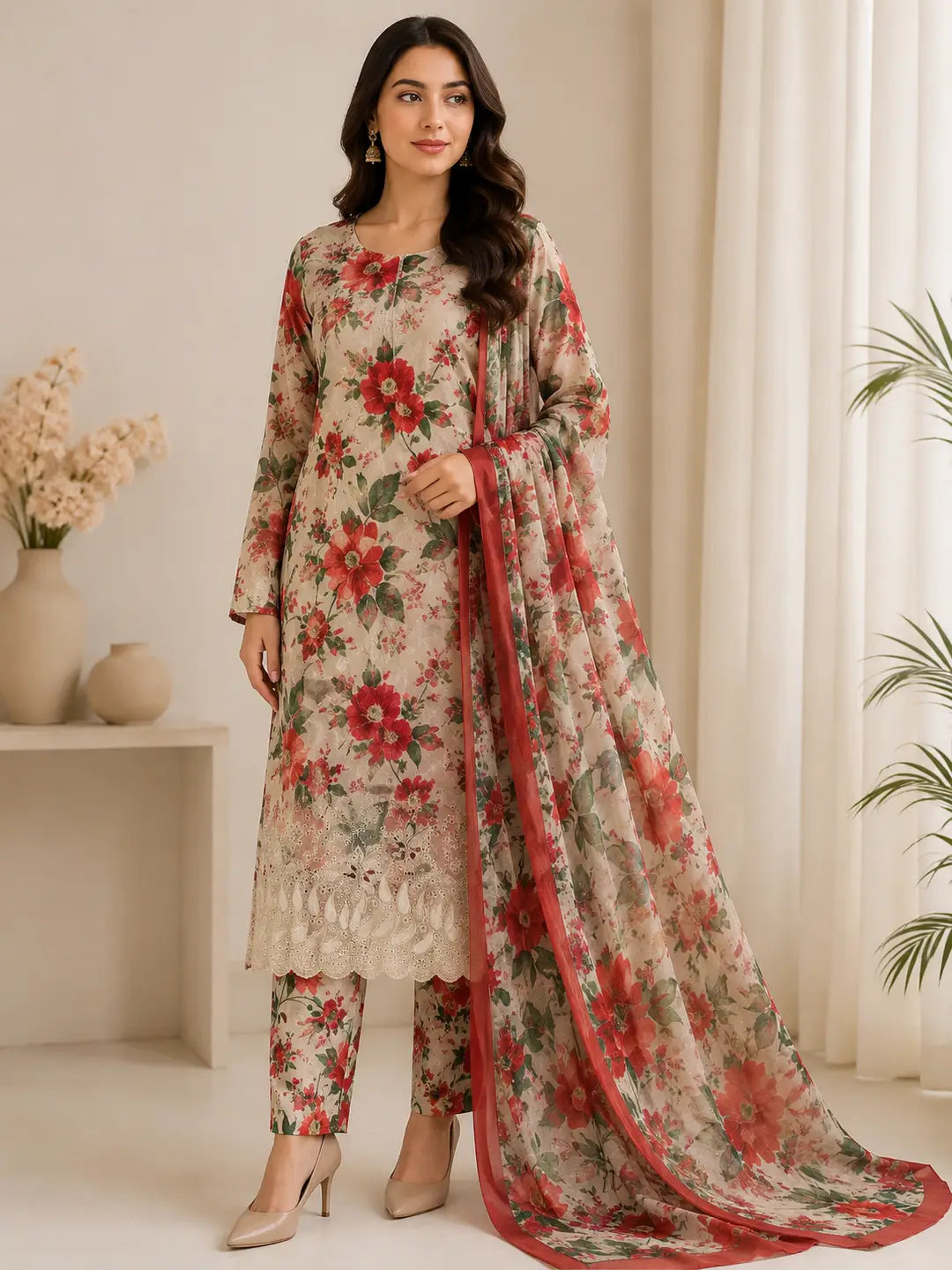 Chicken Kari Swiss Lawn 3 Piece Suit for Women | Digital Printed Lawn Dress with Aari Embroidered Chiffon Dupatta | Unstitched Summer Collection