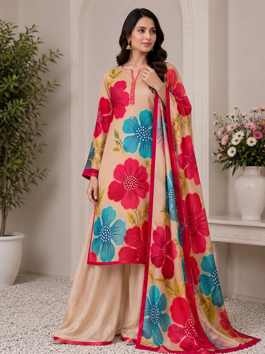 3 Piece Silky Suit for Women | Multi Shaded Digital Printed Airline Long Shirt | China Silk Dupatta | Printed Silky Trouser | Unstitched Pakistani Party Wear Dress