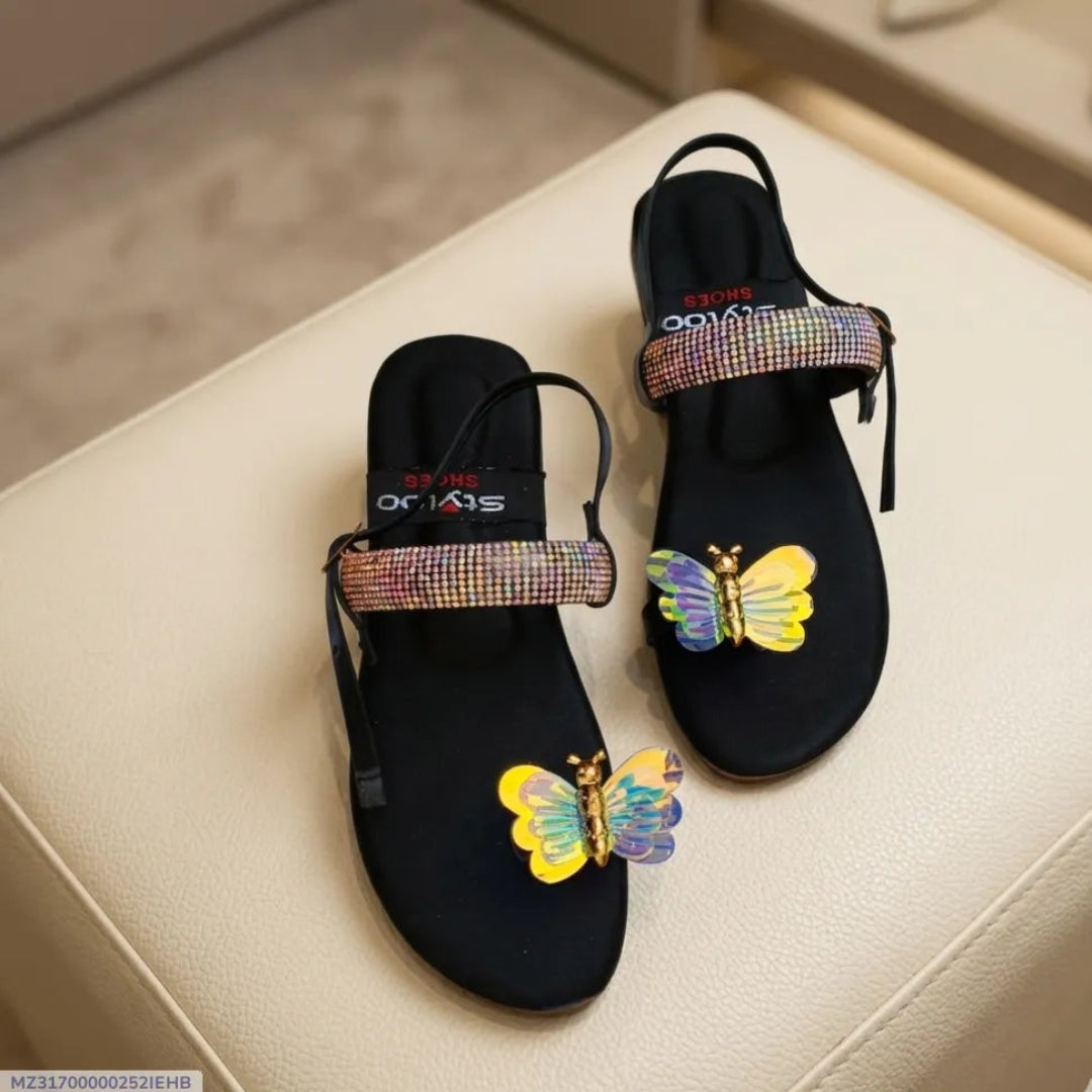 Women Butterfly Rhinestone Flat Sandals Black