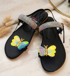 Women Butterfly Rhinestone Flat Sandals Black
