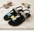 Women Butterfly Rhinestone Flat Sandals Black