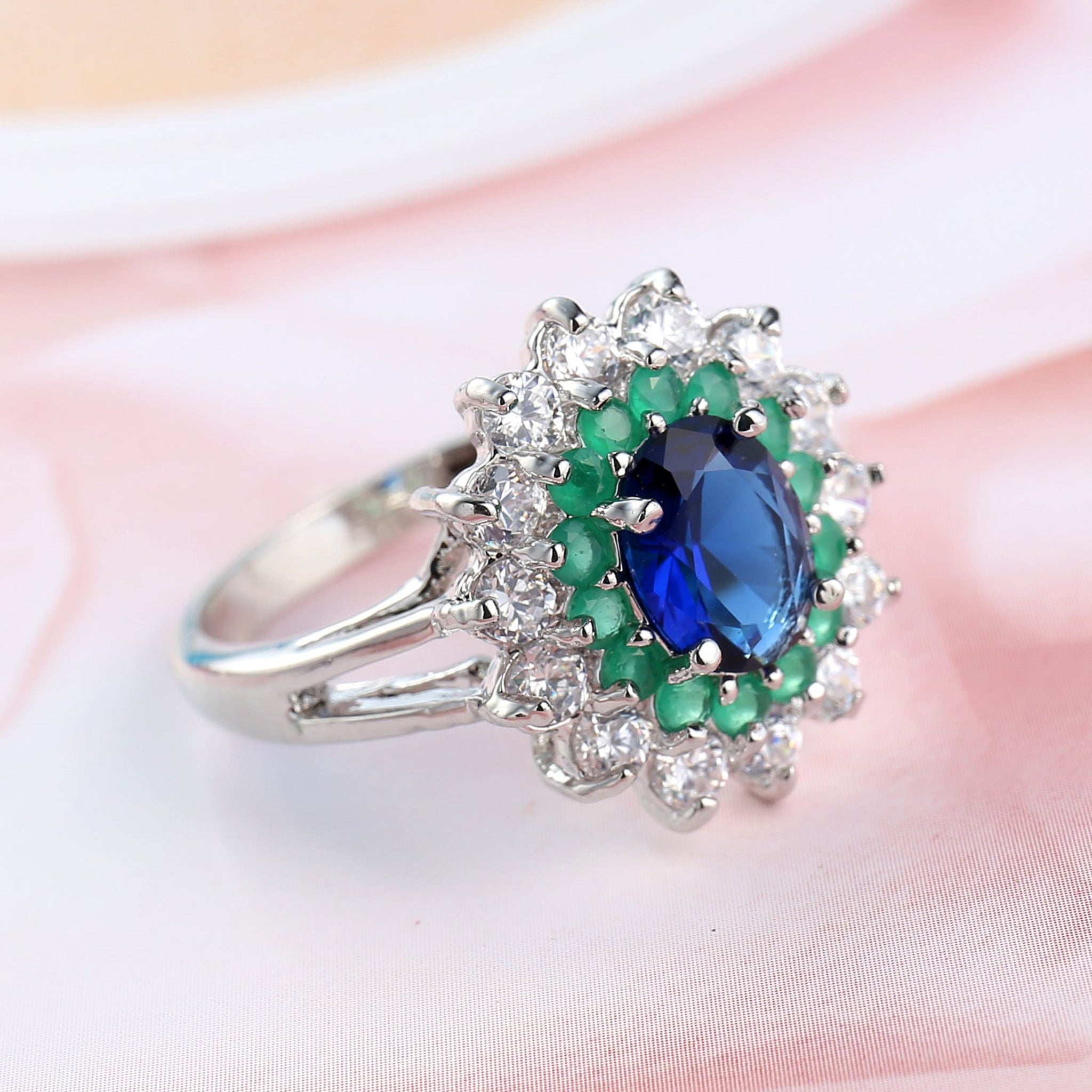 Blue Green Zircon Flower Ring for Women