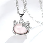 Women Korean Hibiscus Stone Cat Necklace Silver Plated Red