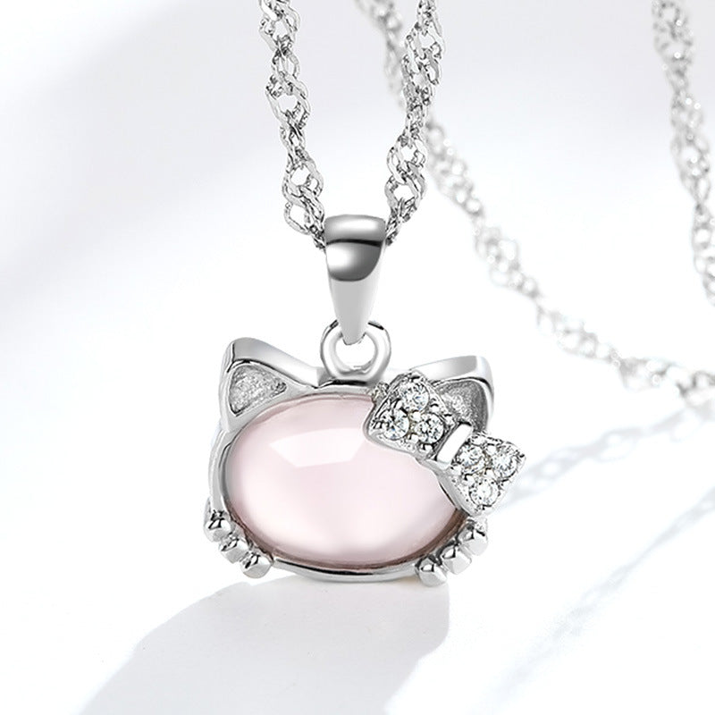 Women Korean Hibiscus Stone Cat Necklace Silver Plated Red
