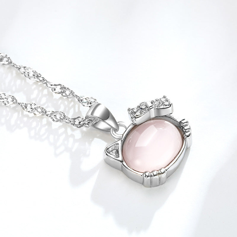 Women Korean Hibiscus Stone Cat Necklace Silver Plated Red
