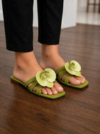 Green Floral Olive Slip On Sandals for Women