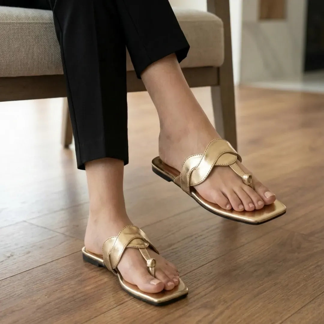 Golden Cross Toe Flat Sandals for Women