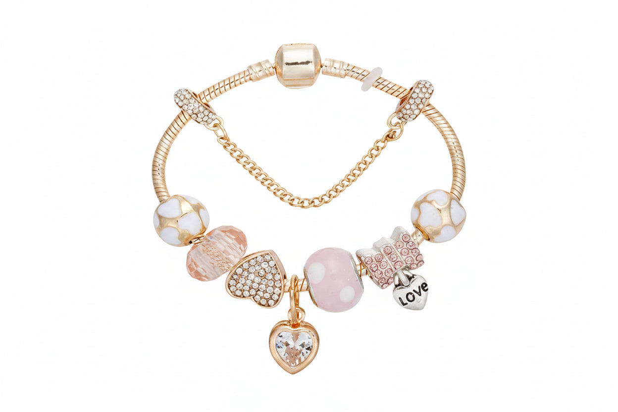 Gold Toned Bracelet with Peach Hearts & Diamond Accents