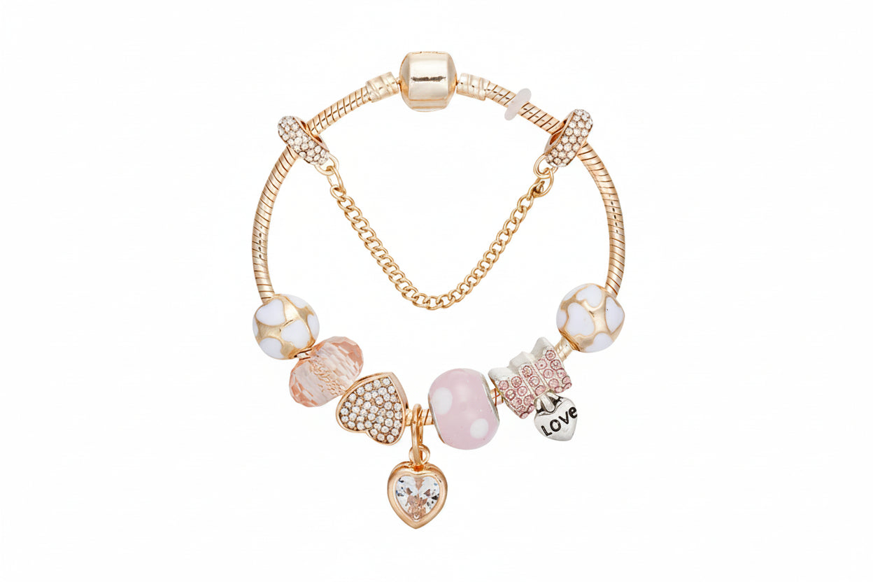 Gold Toned Bracelet with Peach Hearts & Diamond Accents