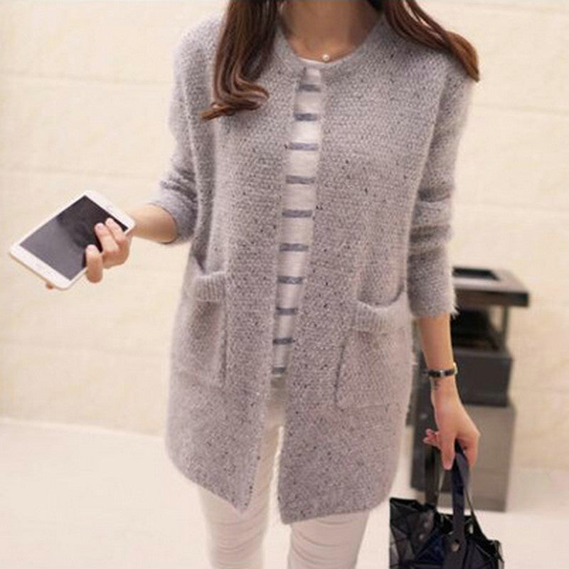 Women Light Blue Mohair Mid-Length Cardigan