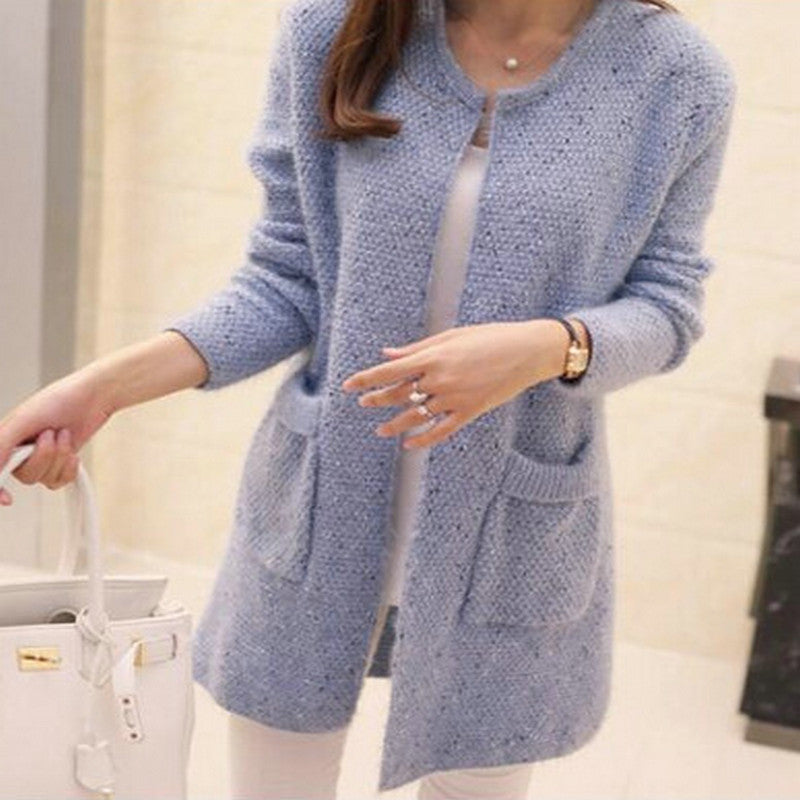 Women Light Blue Mohair Mid-Length Cardigan