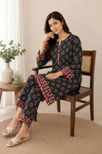 Women Black Printed 2-Piece Polo Cotton Suit Set