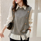 Women Knitted Button Vest Gray Casual Autumn Sweater