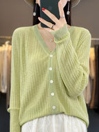 Women V-Neck Knitted Cardigan Light Green Summer Cotton
