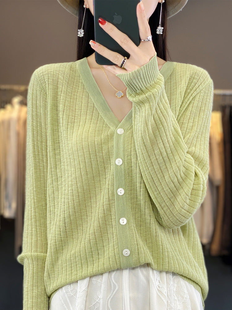 Women V-Neck Knitted Cardigan Light Green Summer Cotton