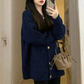 Women Vintage Cable Knit Sweater Loose Long Sleeve Winter Gray