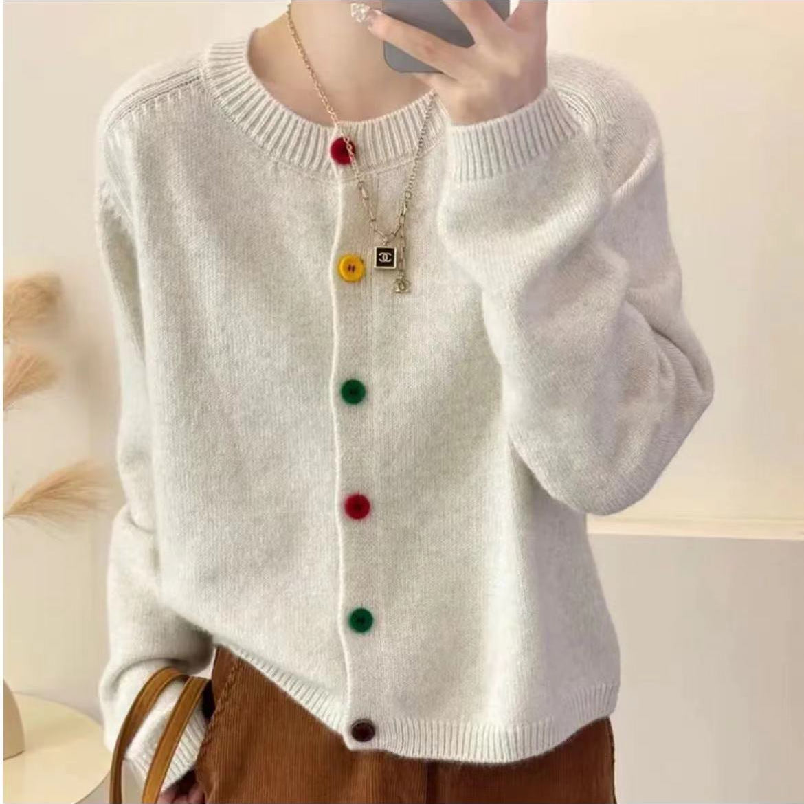 Pink Knitted Cardigan with Colorful Buttons for Women