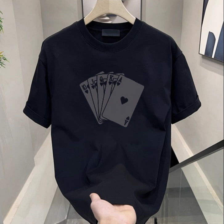 Men Loose Printed T-Shirt Black Poker Cards Summer