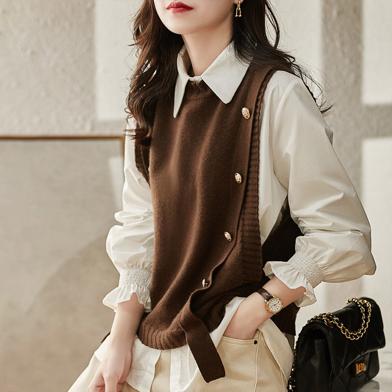 Women Knitted Button Vest Gray Casual Autumn Sweater