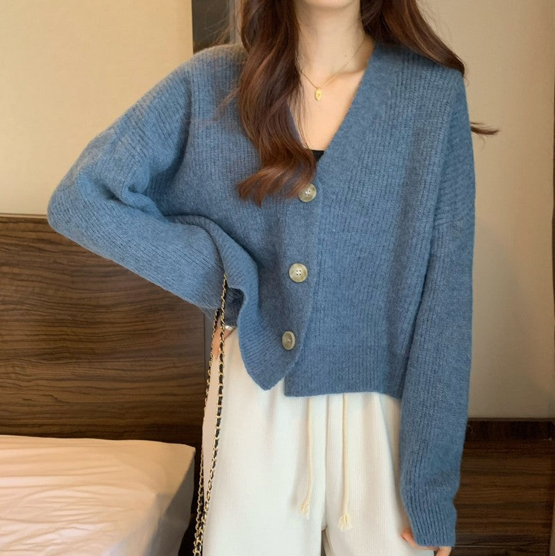 Women Green Waxy Knit Cardigan Jacket Winter New Style