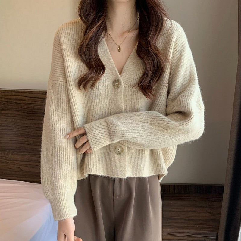 Women Green Waxy Knit Cardigan Jacket Winter New Style